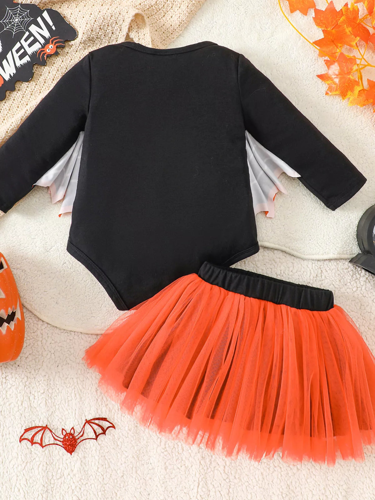 Halloween 'Fab-Boo-Lous' Bat Wing Long Sleeve Top and Tulle Skirt Set in Black, product view 6