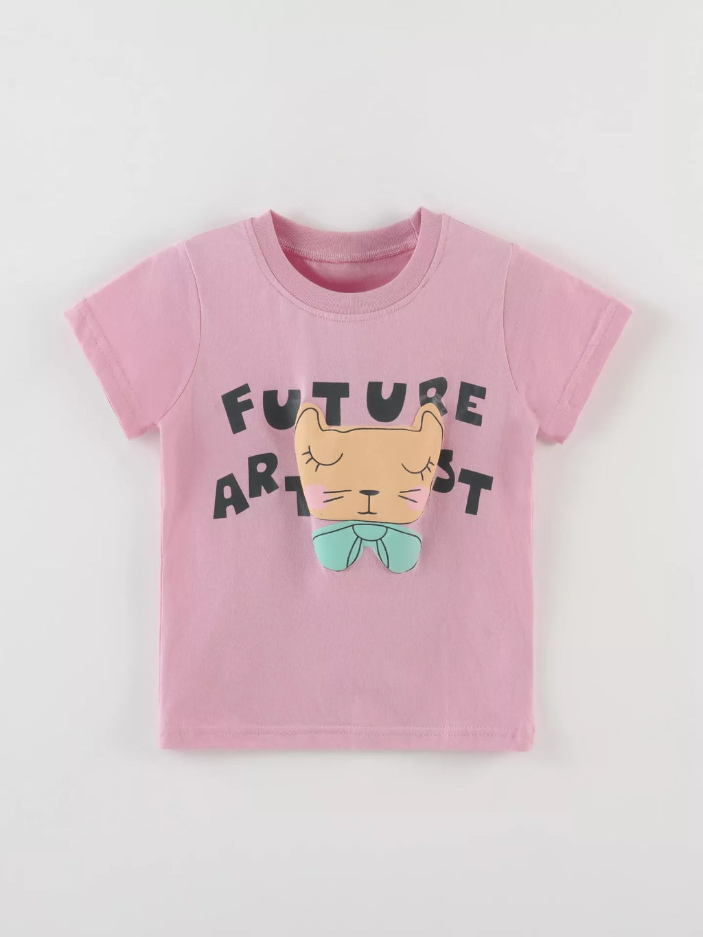 Cat Graphic Round Neck T-Shirt in Pink, product view 2
