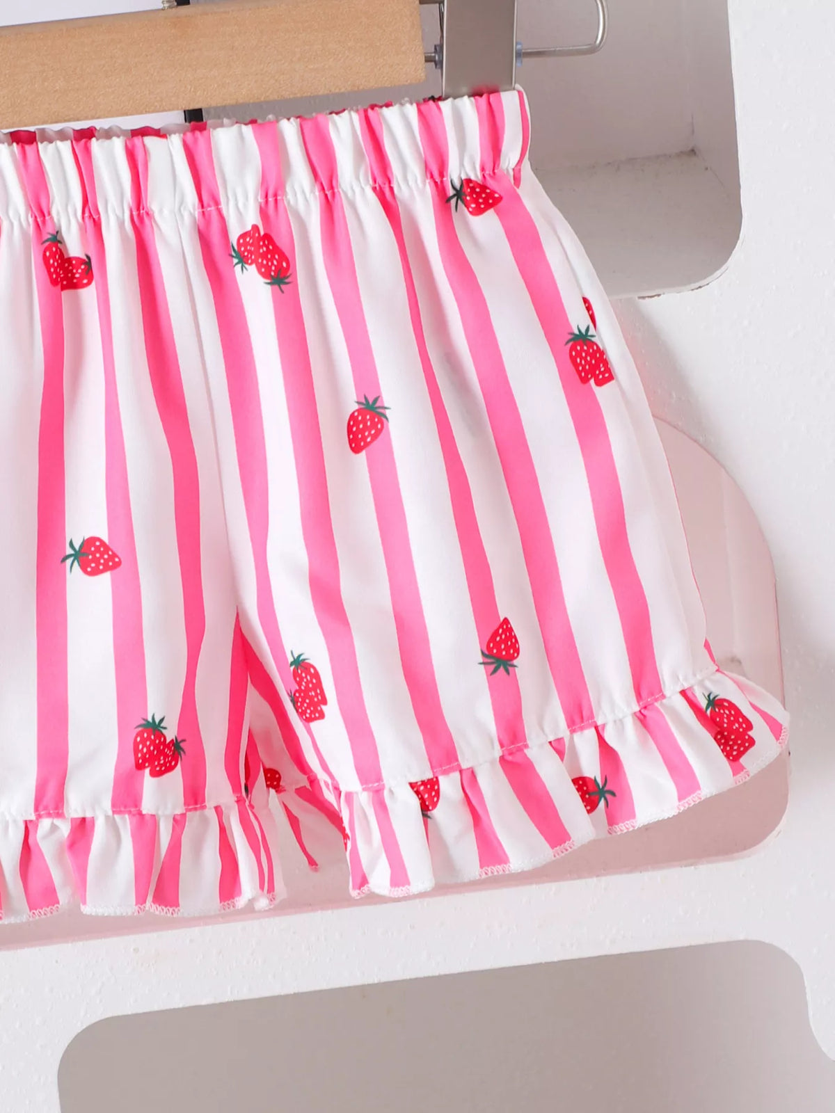 Bow Ruffled Striped Top and Shorts Set in Pink, product view 5