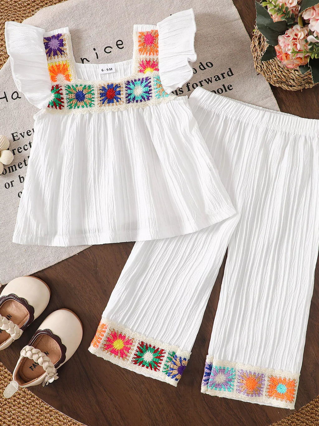 Crochet Trimmed Top and Pants Set in White, product view 2