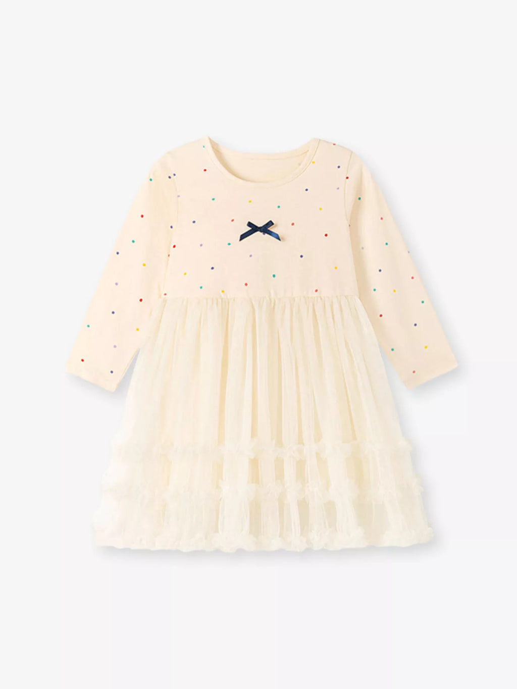 Tulle Dress with Polka Dots and Bow Detail in Cream, product view 2