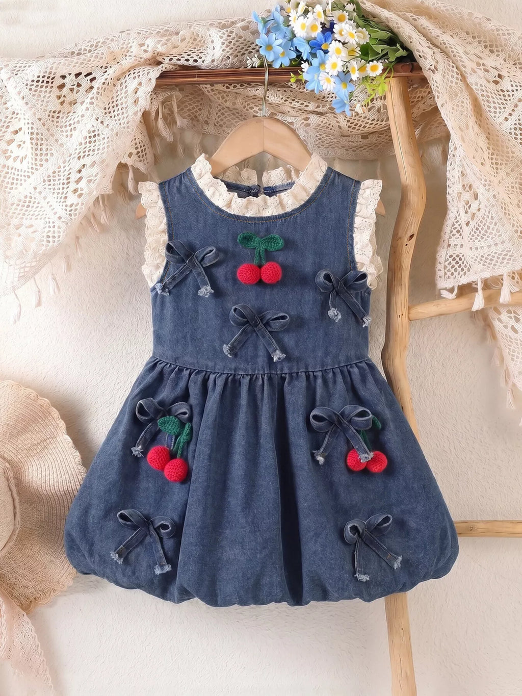 Denim Cherry Applique Dress with Lace Trim in Navy, product view 2