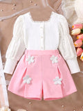Ribbed Knit Top and Shorts Set in White, product view 1