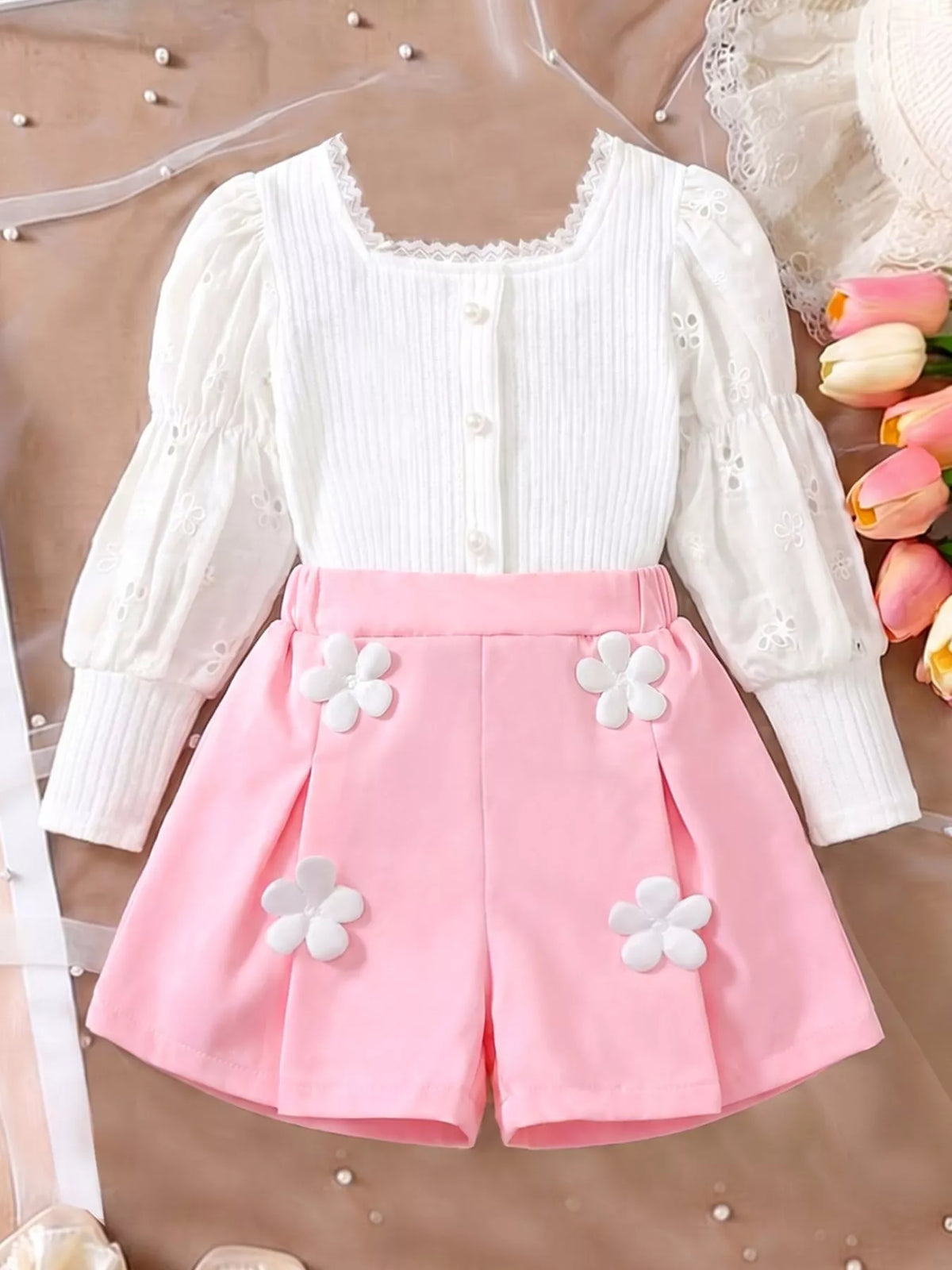 Ribbed Knit Top and Shorts Set in White, product view 1