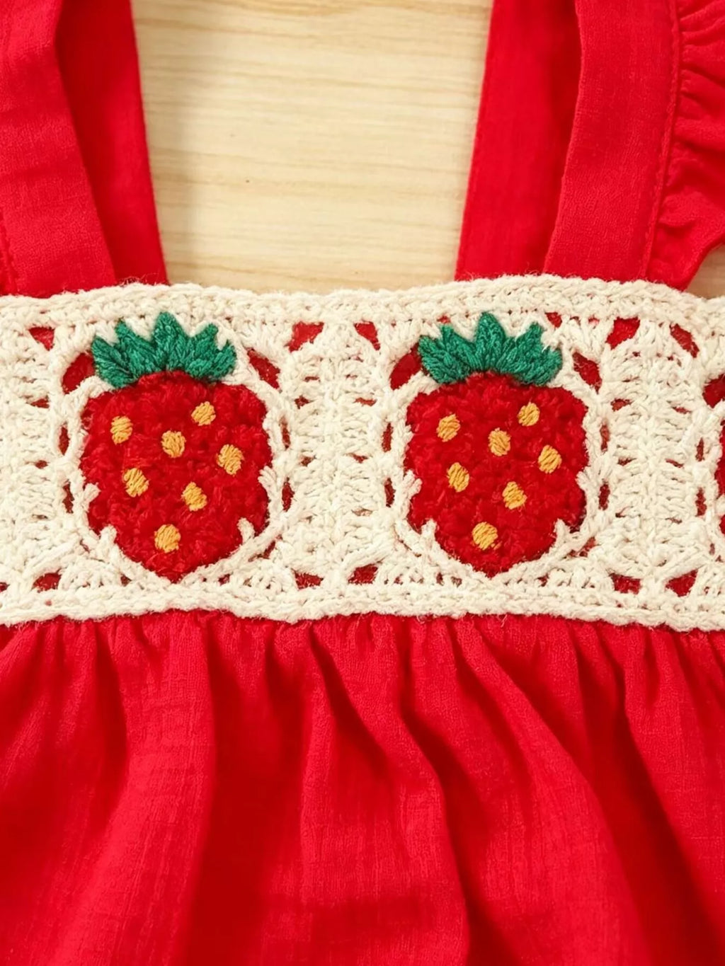 Strawberry Crochet Trimmed Top and Denim Shorts Set in Red, product view 4