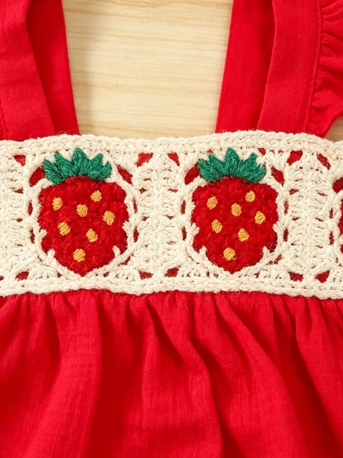 Strawberry Crochet Trimmed Top and Denim Shorts Set in Red, product view 4