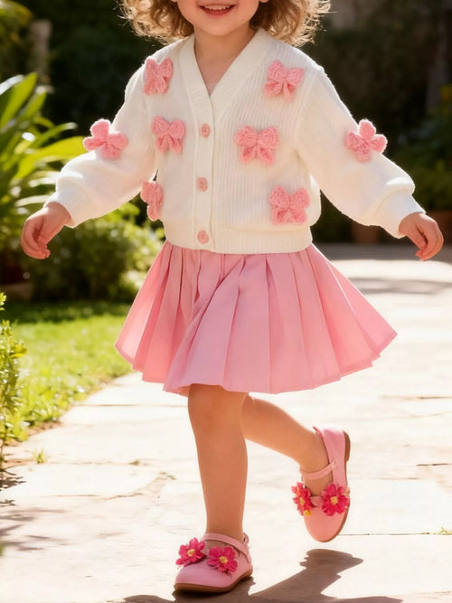 Bow Button Up Cardigan and Pleated Skirt Set in Pink, product view 1
