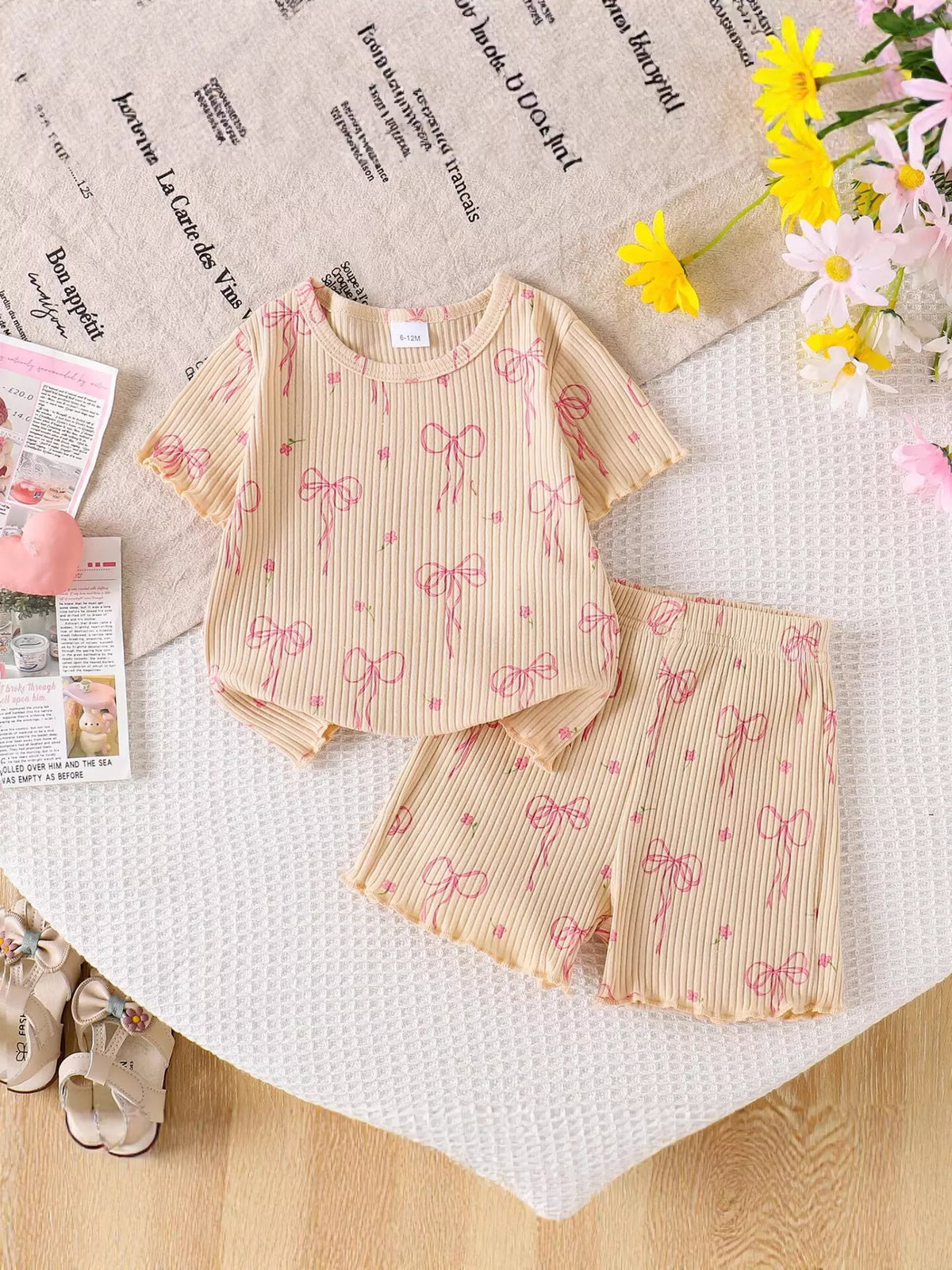 Bow Ribbed Knit Top and Shorts Set in Apricot, product view 3