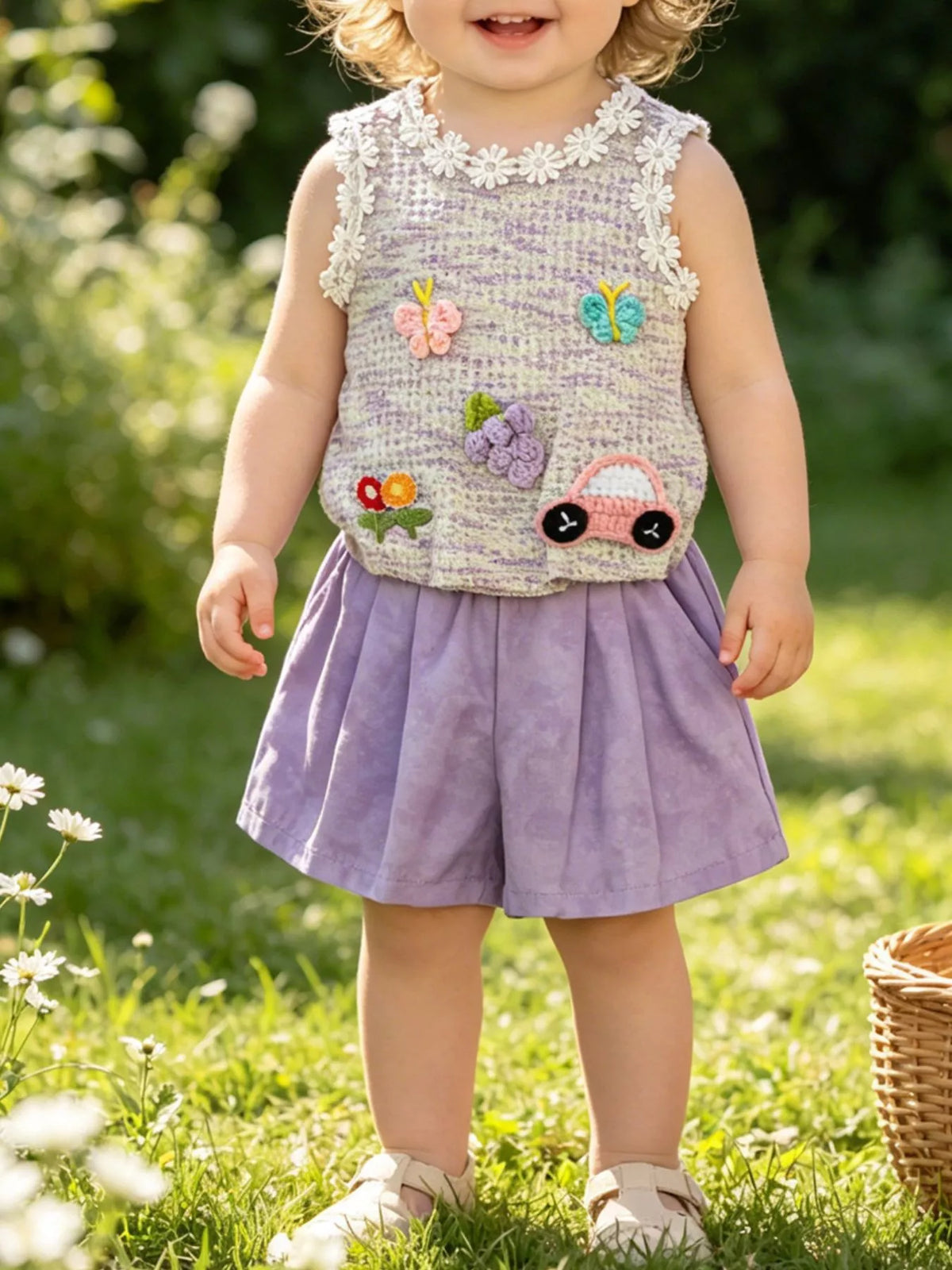 Flower Sleeveless Top and Shorts Set in Light Purple, product view 1