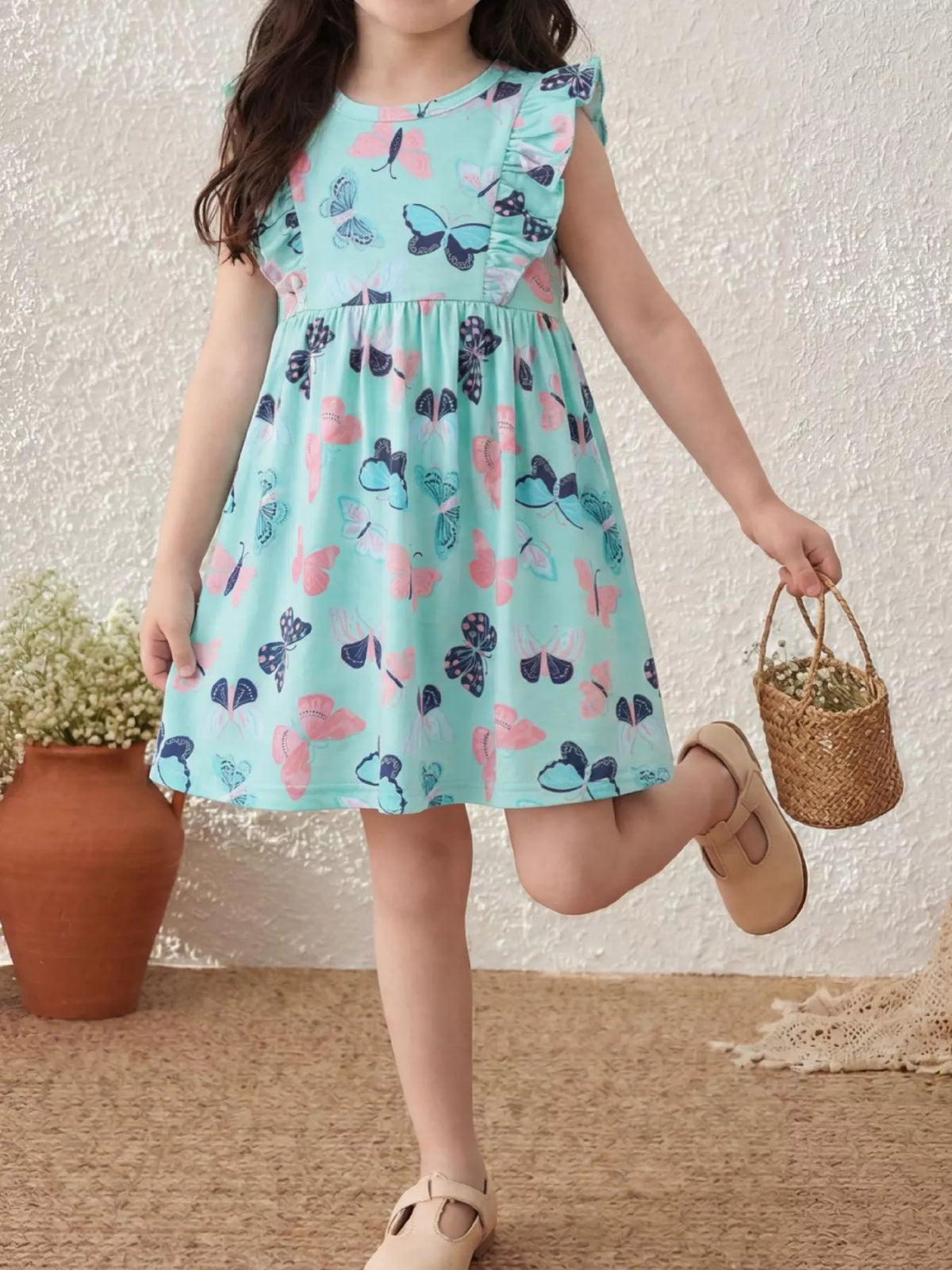 Butterfly Print Ruffle Sleeve Dress in Lake Blue, product view 1