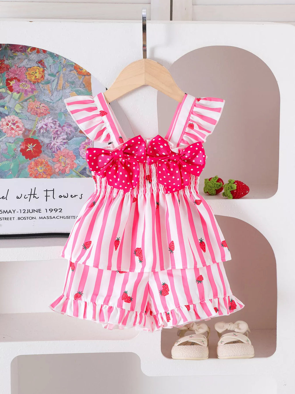Bow Ruffled Striped Top and Shorts Set in Pink, product view 3