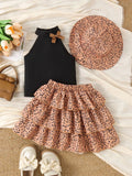 Halter Top and Leopard Print Ruffled Skirt Set with Hat in Black, product view 1