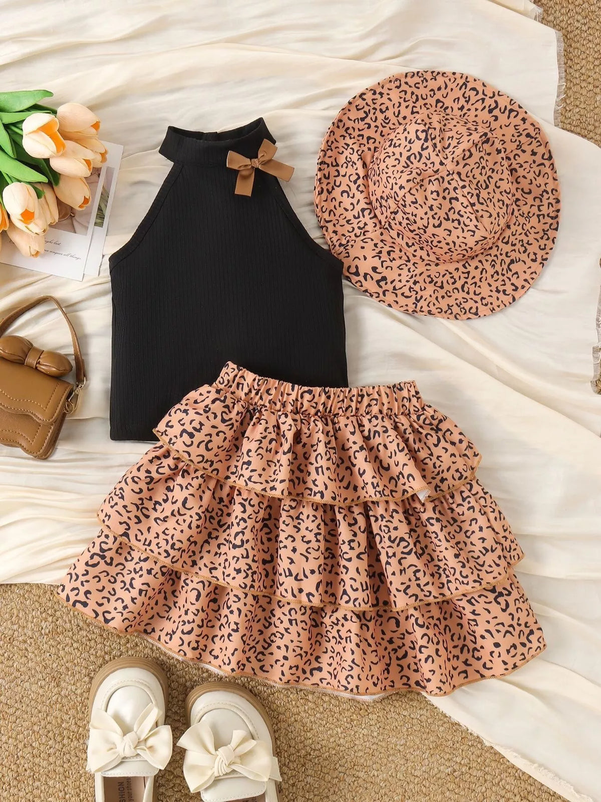 Halter Top and Leopard Print Ruffled Skirt Set with Hat in Black, product view 1