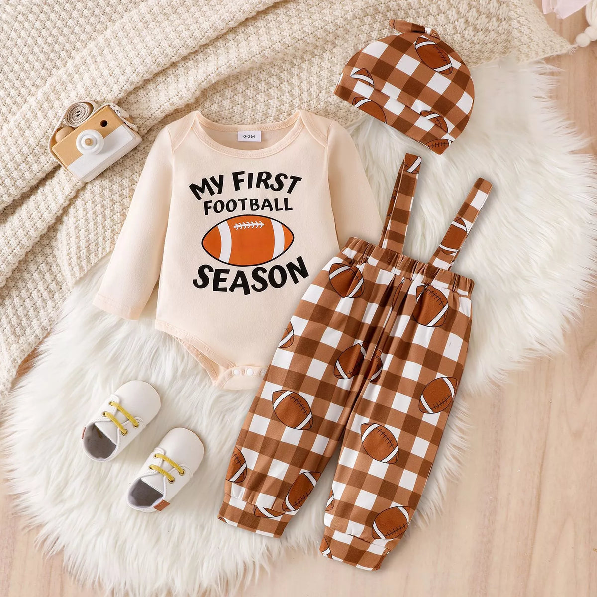 My First Football Season Bodysuit and Pants Set with Hat in Apricot, product view 1