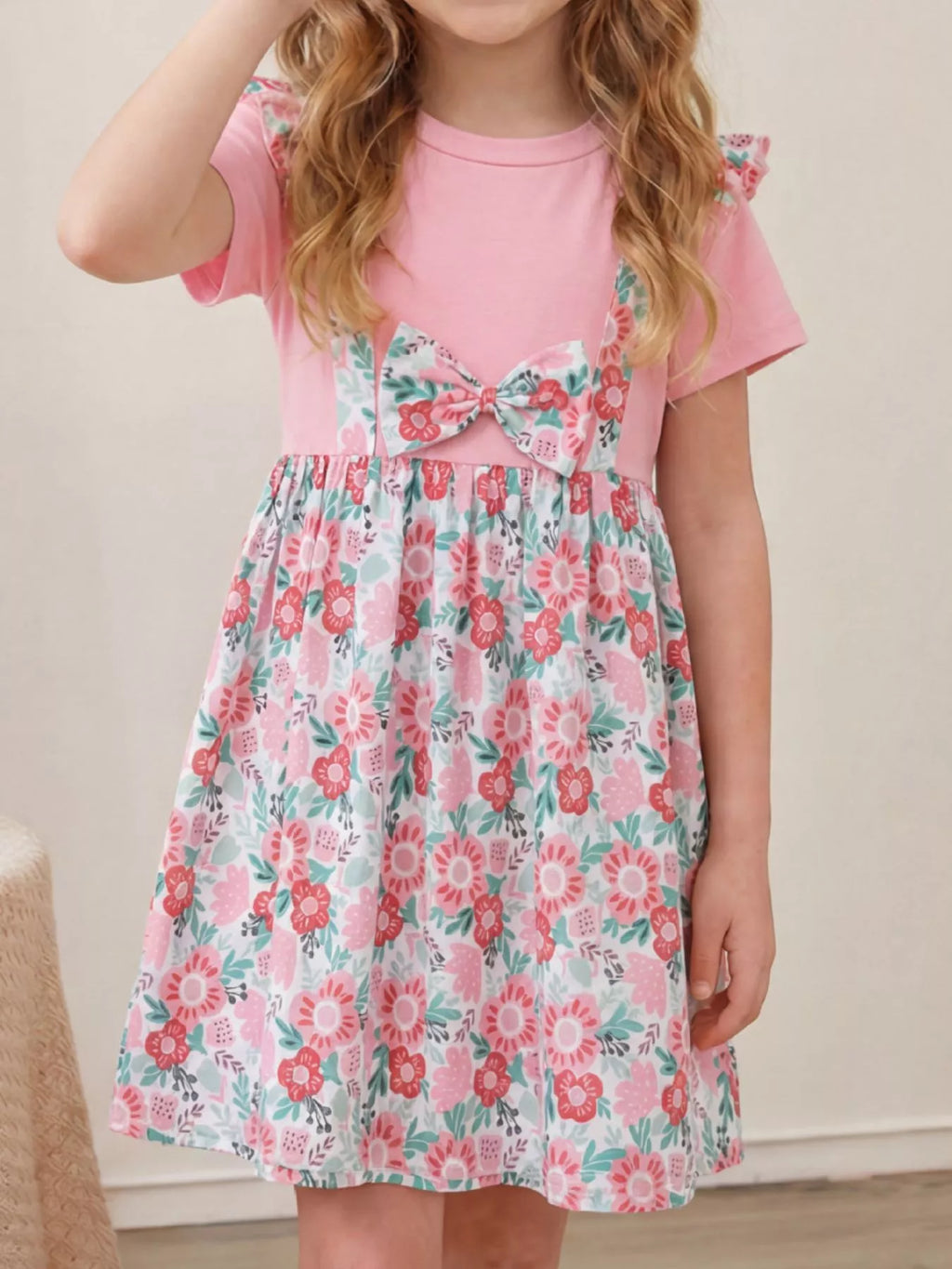 Floral Print Bow Detail Dress in Peach Color, product view 1