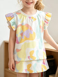 Abstract Print Ruffle Sleeve T-Shirt in Multicolor, product view 1