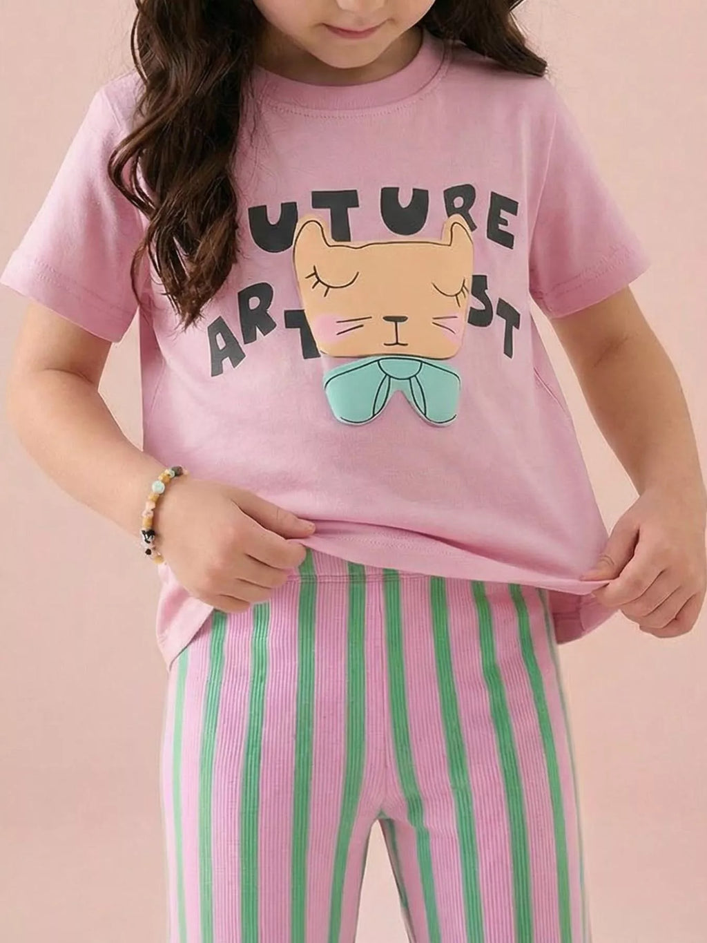Cat Graphic Round Neck T-Shirt in Pink, product view 1