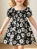 Floral Print Square Neck Puff Sleeve Dress in Black, product view 1