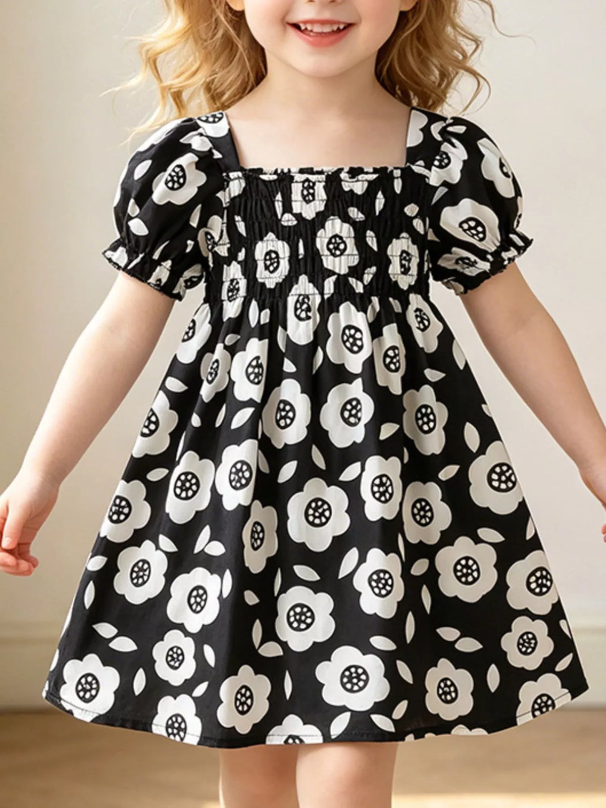 Floral Print Square Neck Puff Sleeve Dress in Black, product view 1