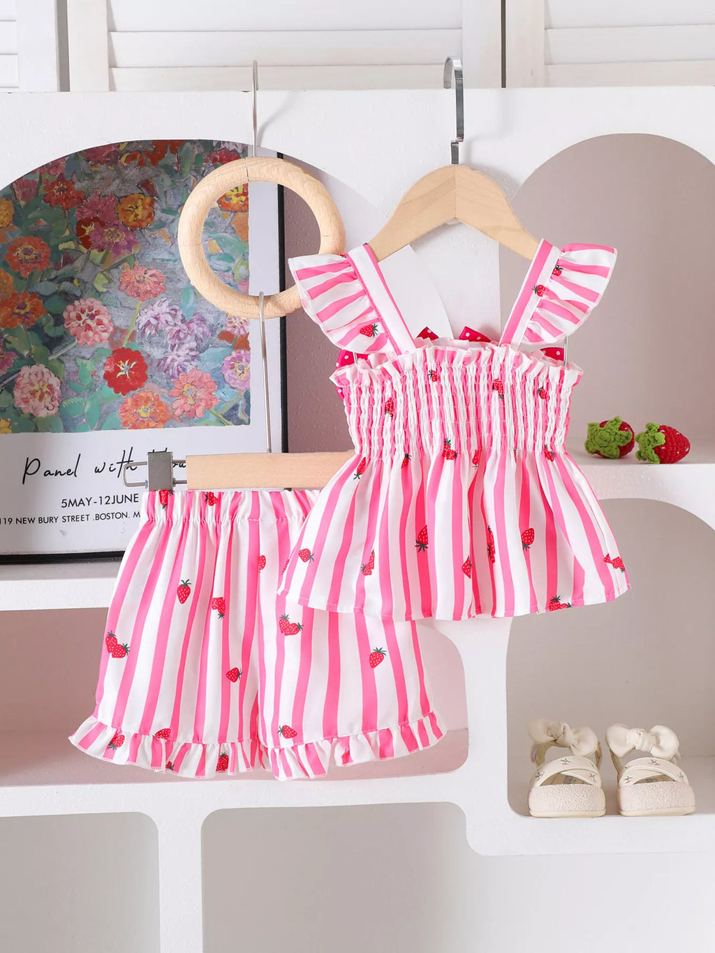 Bow Ruffled Striped Top and Shorts Set in Pink, product view 7