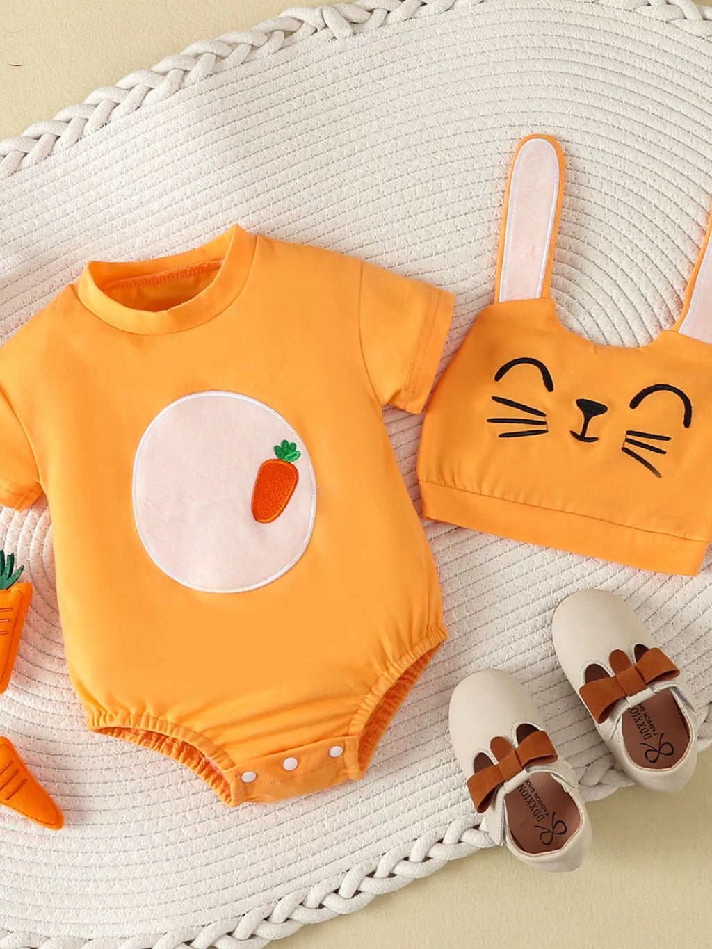 Carrot Embroidered Round Neck One-Piece & Hat Set in Orange, product view 2