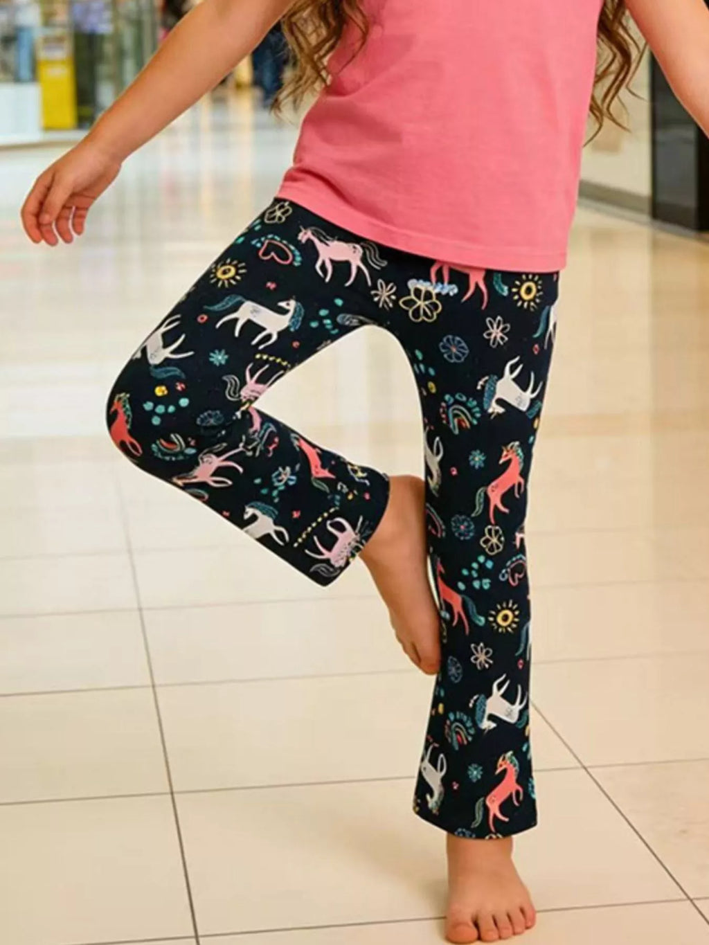 Unicorn Print Flare Leggings in Dark Navy, product view 1