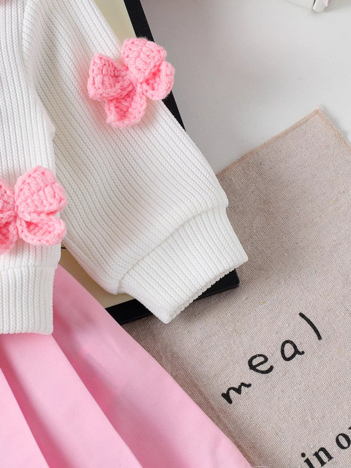 Bow Button Up Cardigan and Pleated Skirt Set in Pink, product view 4