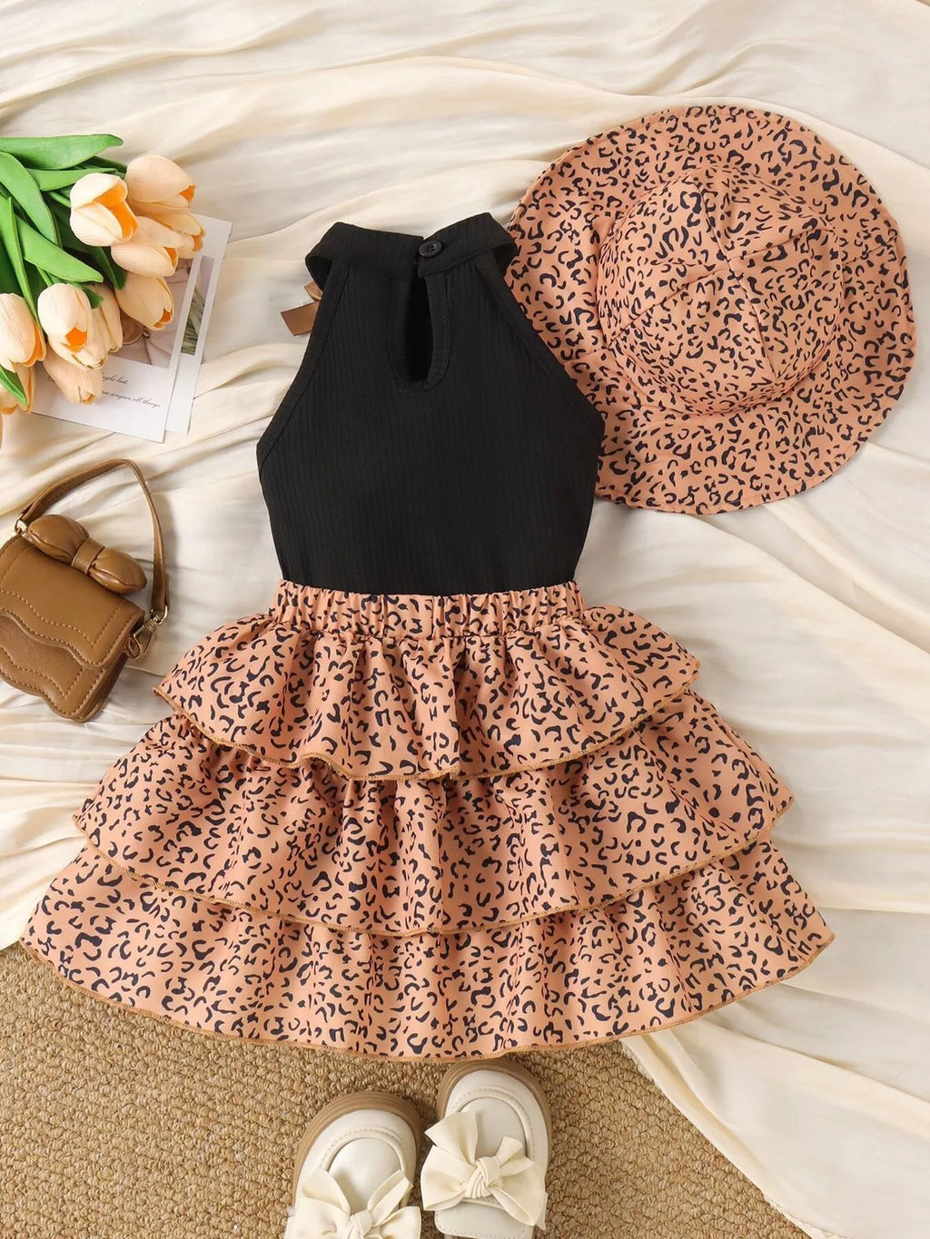 Halter Top and Leopard Print Ruffled Skirt Set with Hat in Black, product view 6
