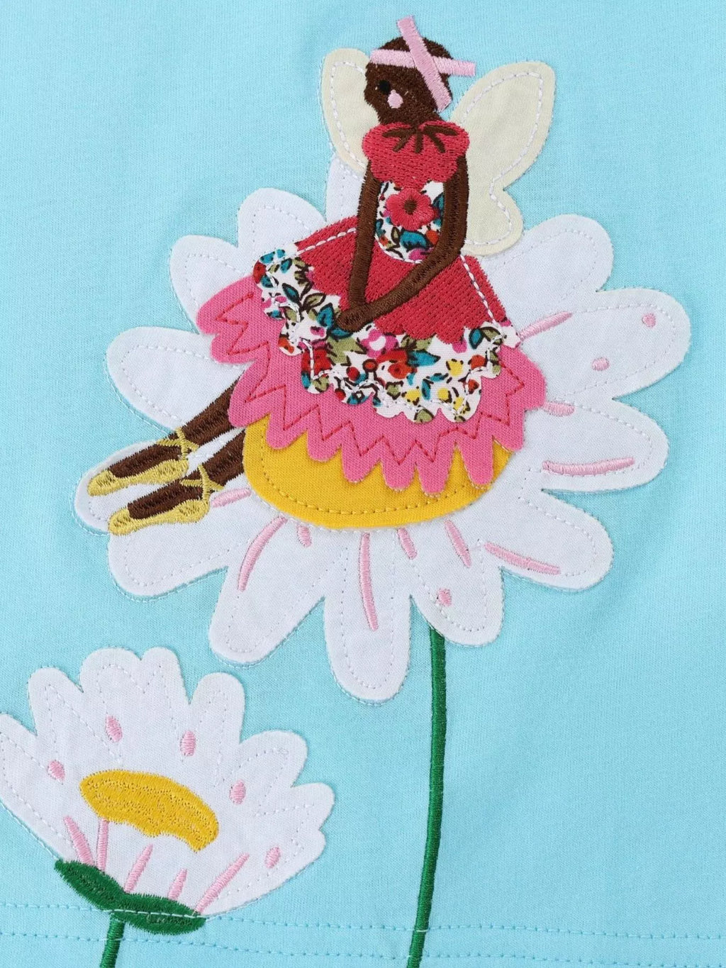 Fairy and Flower Embroidered Short Sleeve T-Shirt in Lake Blue, product view 4