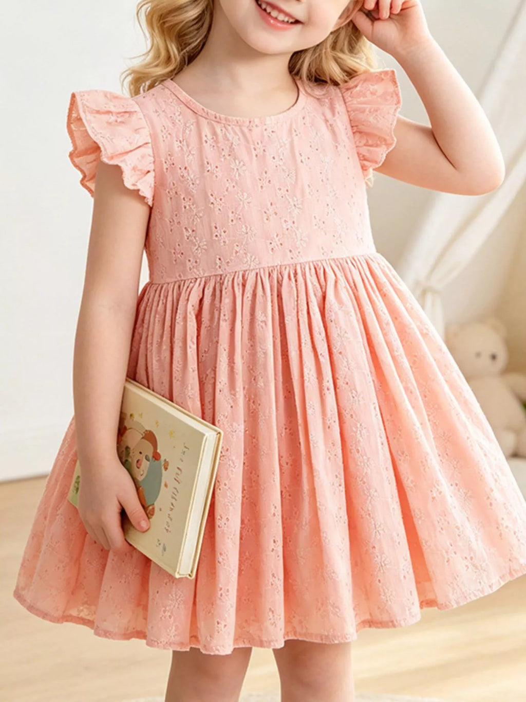 Eyelet Flutter Sleeve Dress in Pale Blush, product view 1