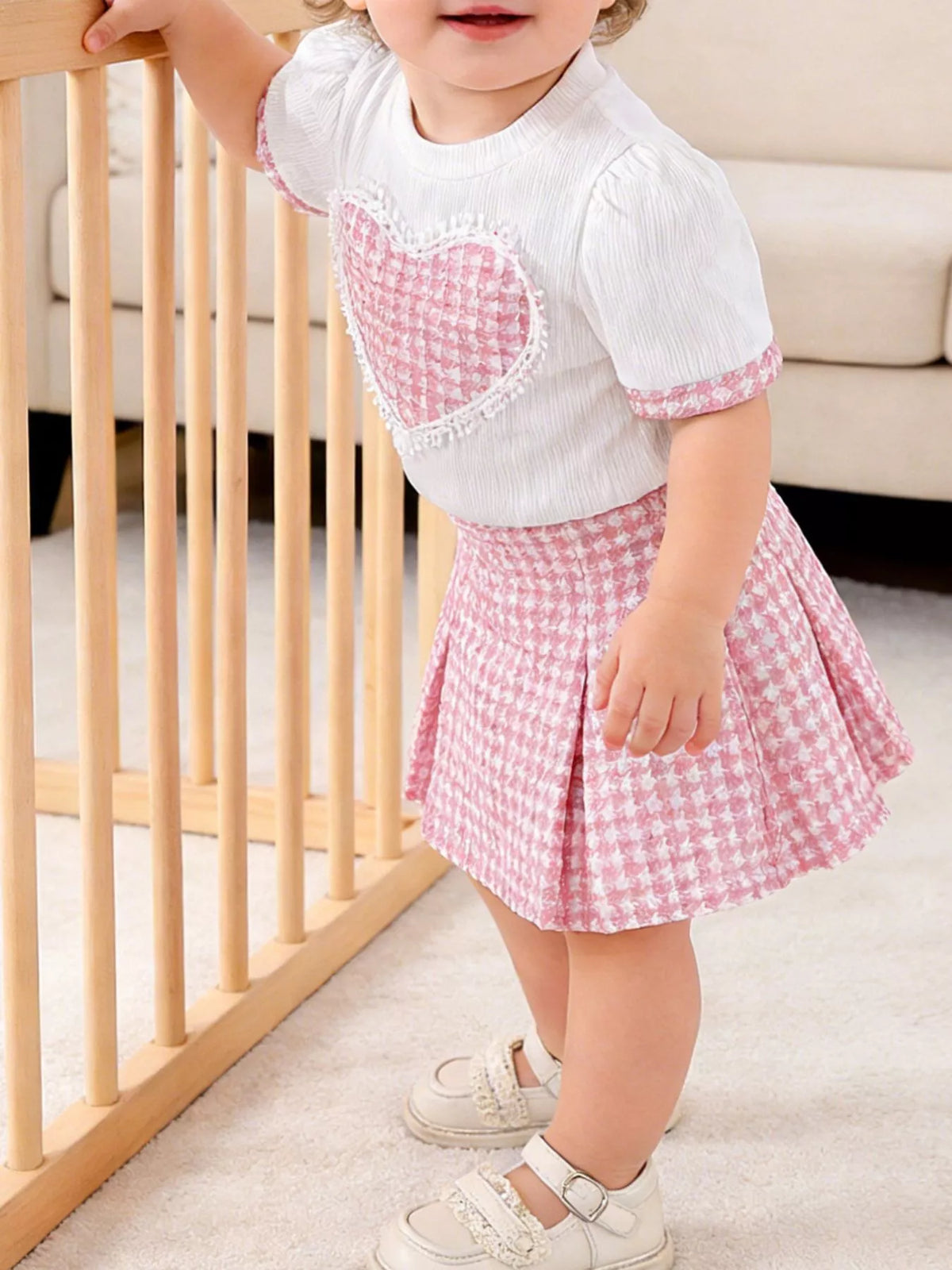 Heart Short Sleeve Top and Skirt Set in Pink, product view 1