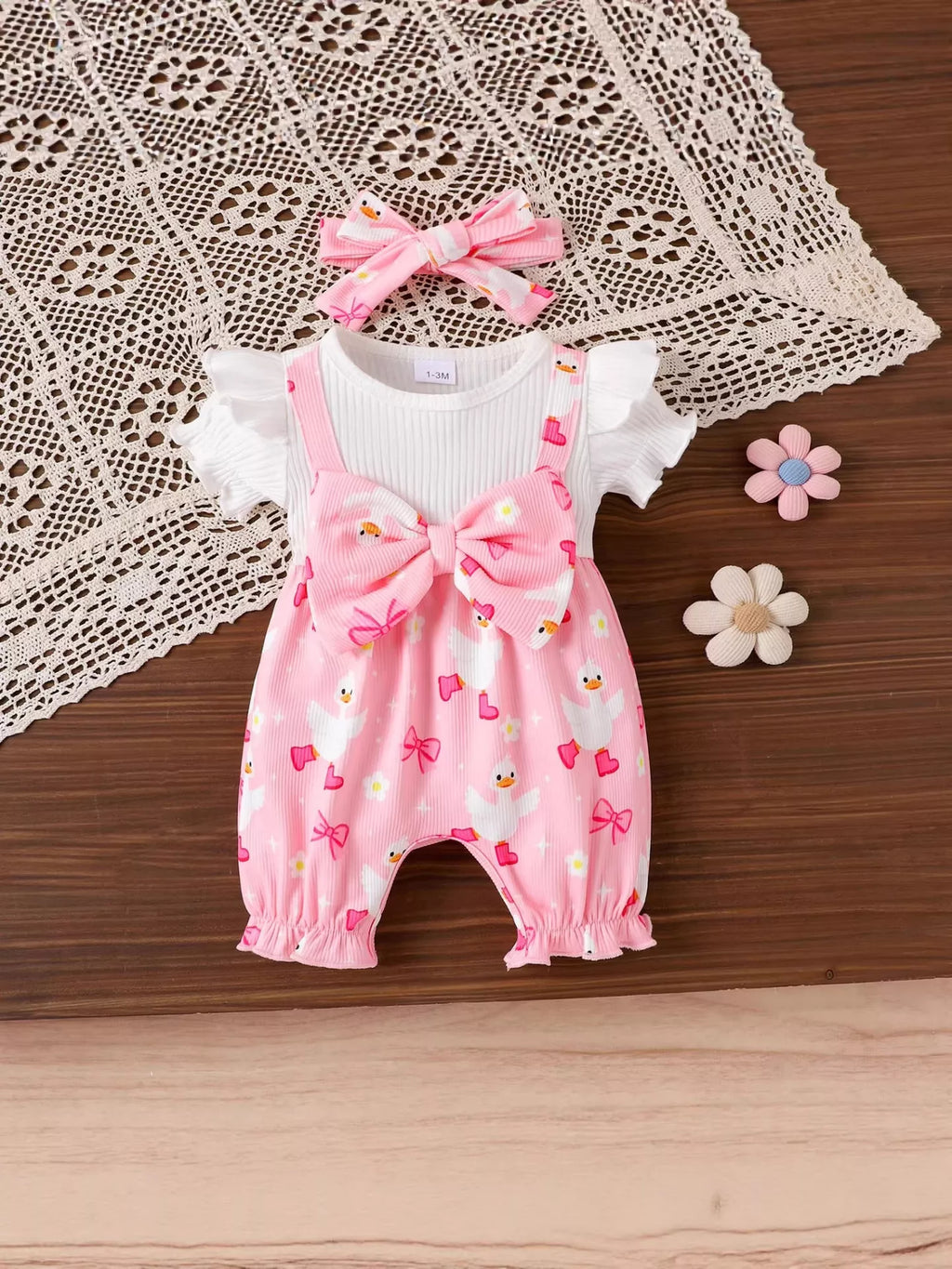 Bow Duck Print Romper with Headband in Pink, product view 3