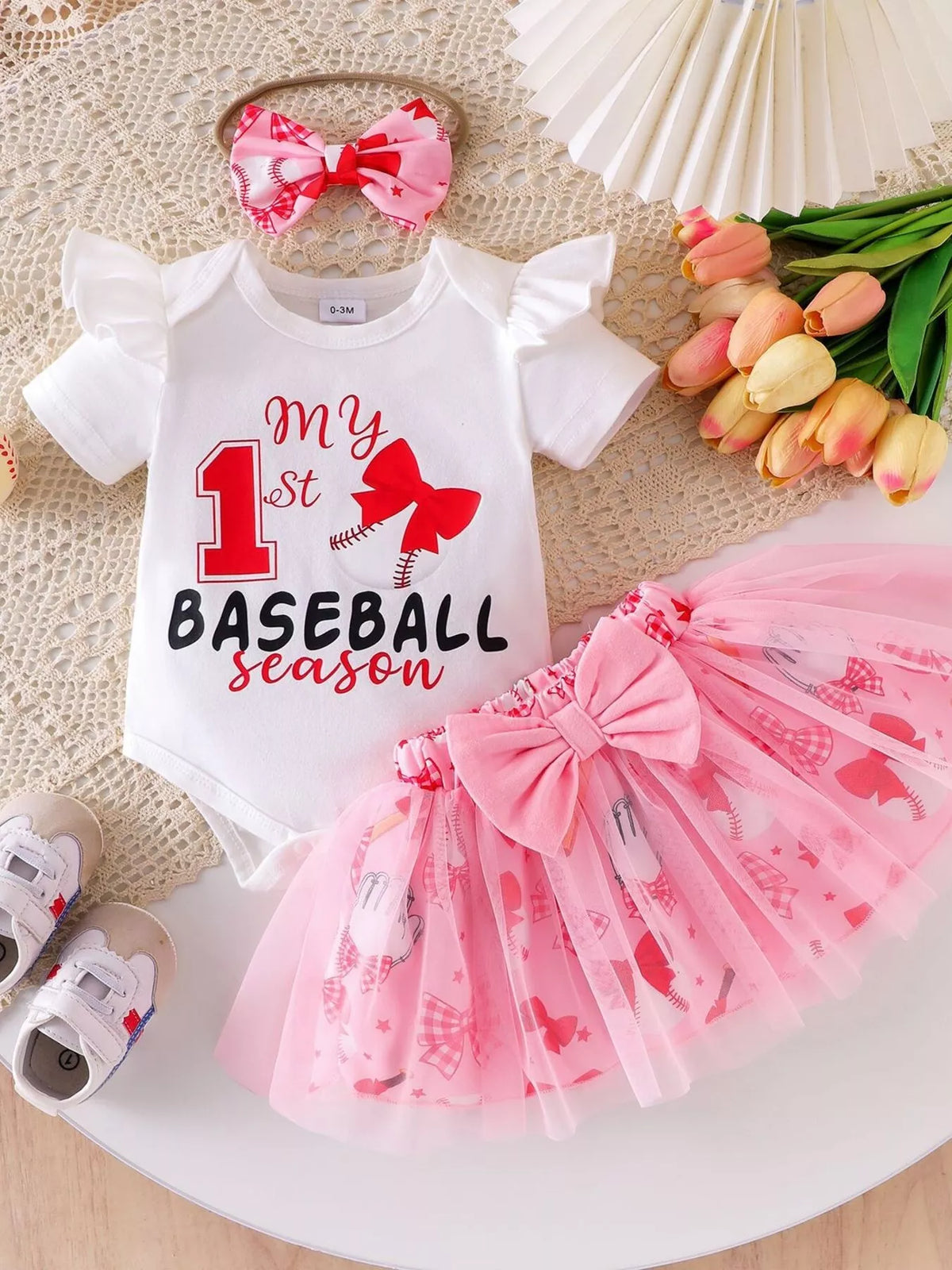Letter Graphic Bodysuit and Skirt Set with Headband in White, product view 1