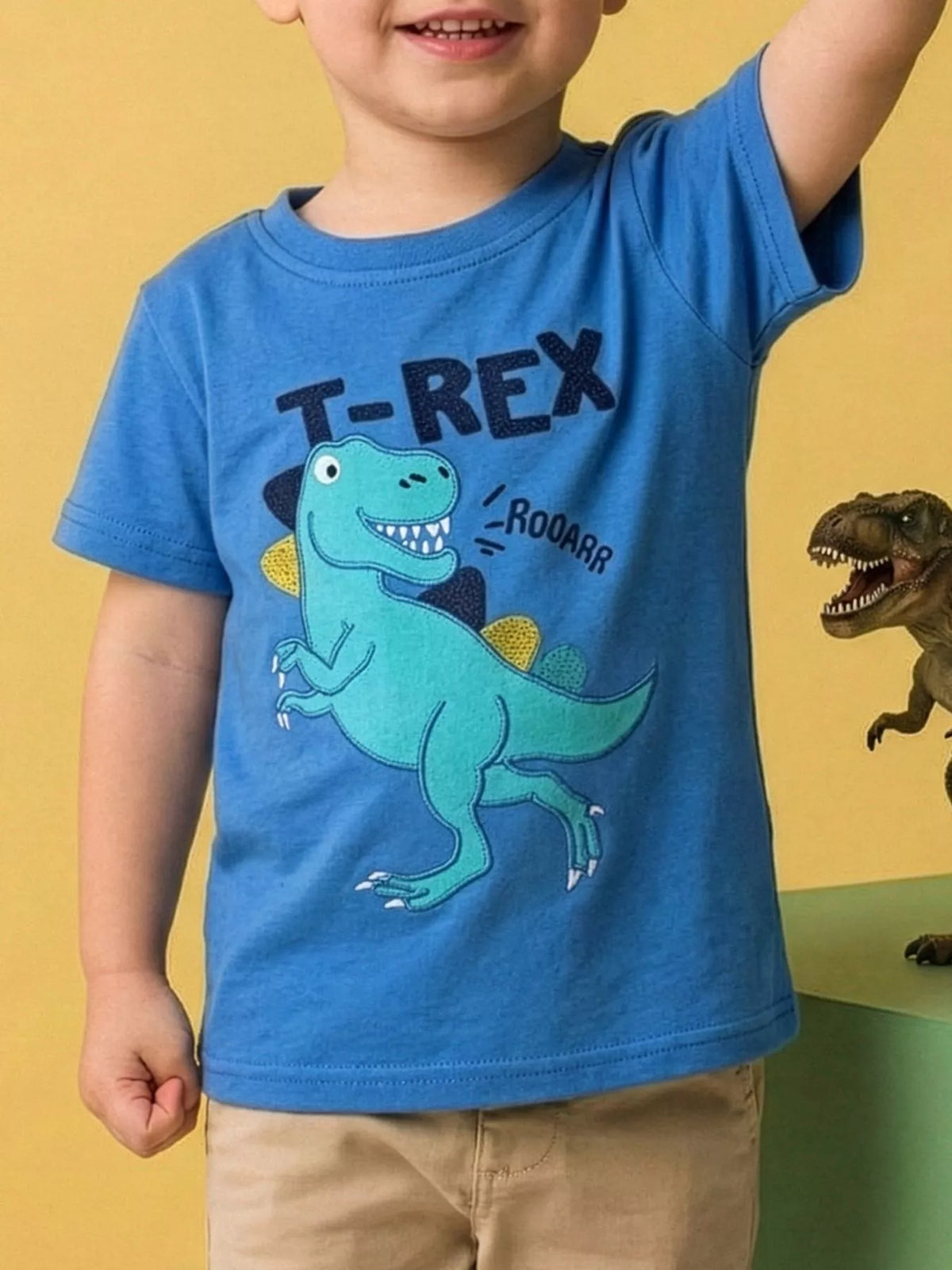 Dinosaur Embroidered Short Sleeve Tee in Peacock Blue, product view 1