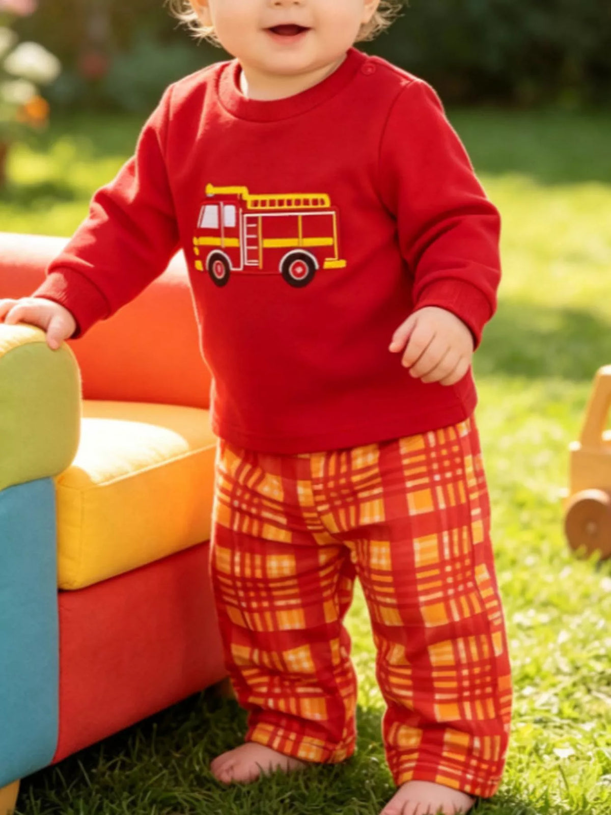 Fire Truck Embroidered Top and Pants Set in Red, product view 1
