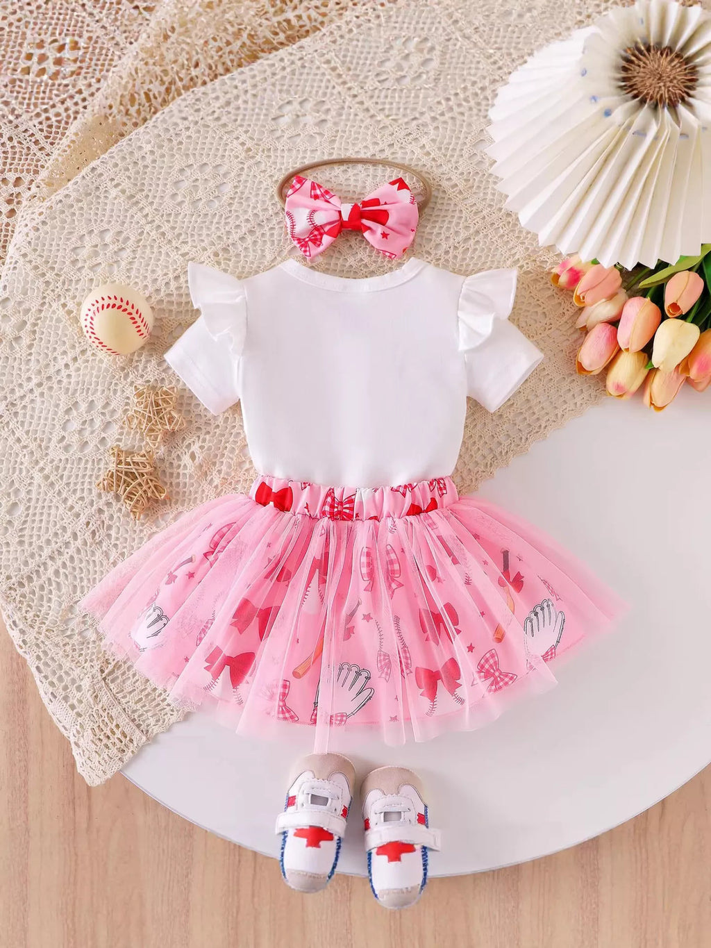 Letter Graphic Bodysuit and Skirt Set with Headband in White, product view 5