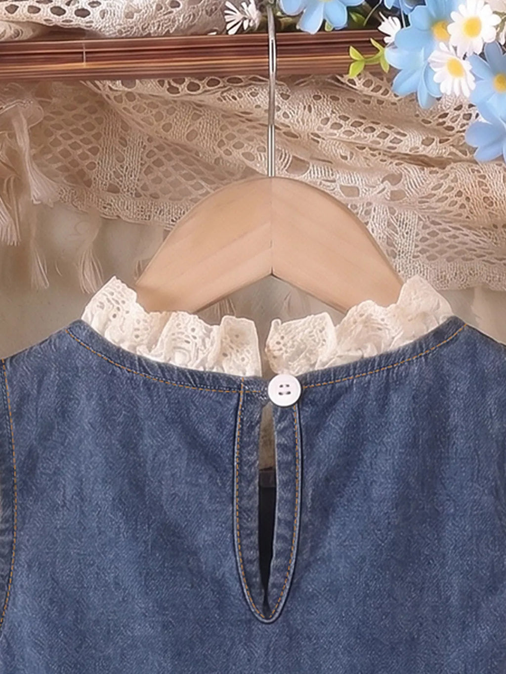 Denim Cherry Applique Dress with Lace Trim in Navy, product view 5