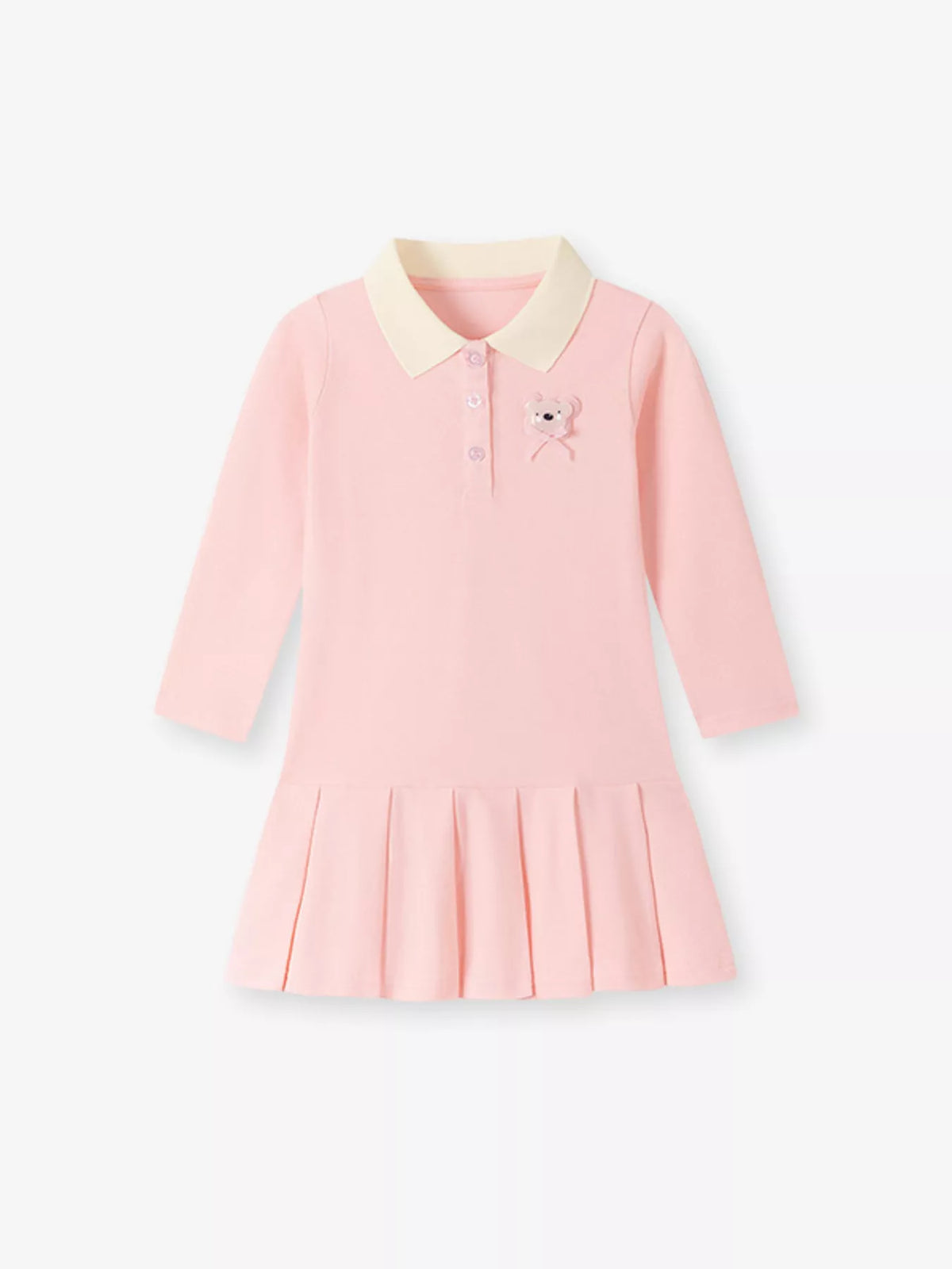Pleated Polo Collar Long Sleeve Dress in Blush Pink, product view 2