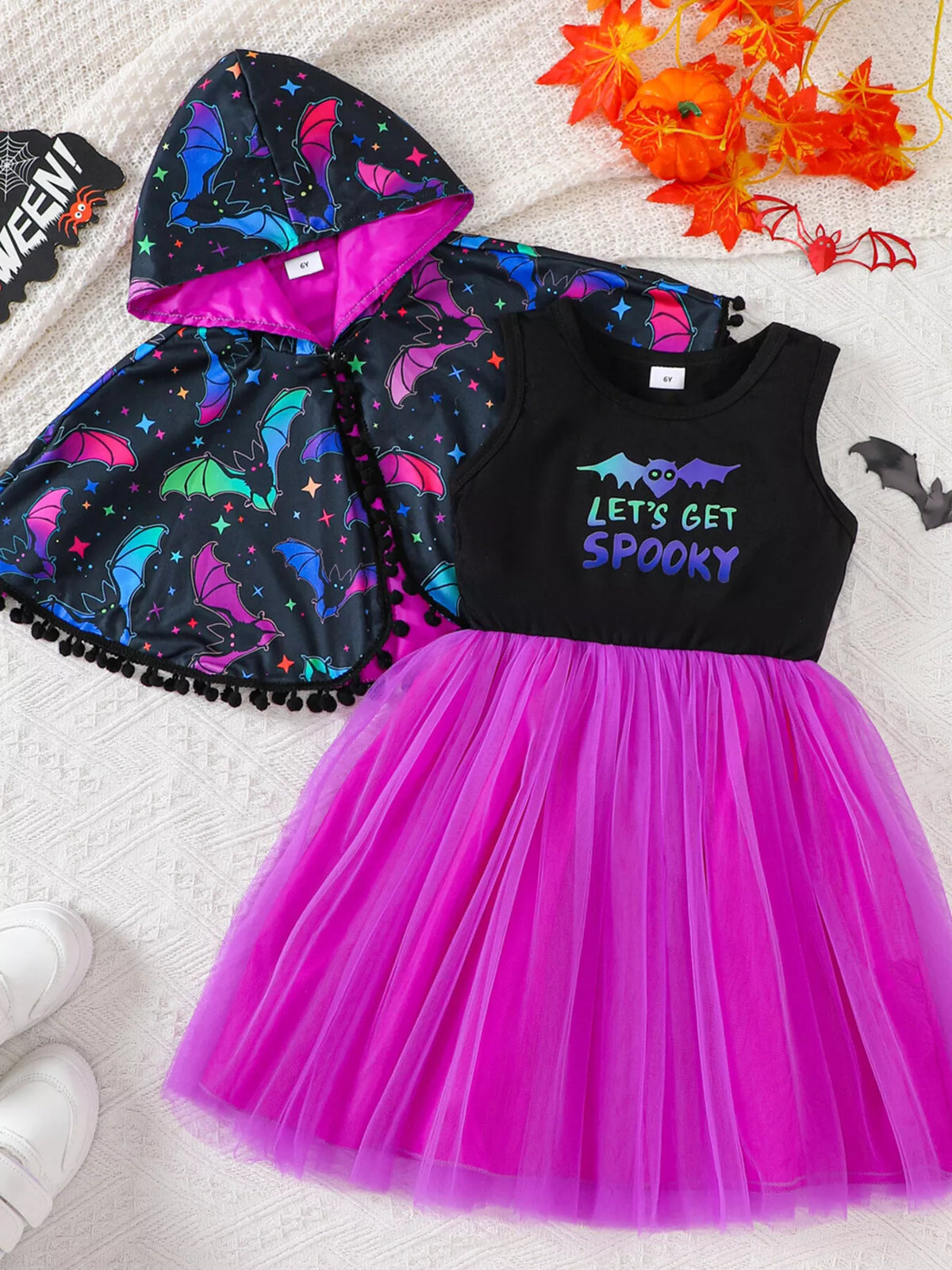 Halloween Bat Print Hooded Cape and Tulle Dress Set in Purple, product view 2