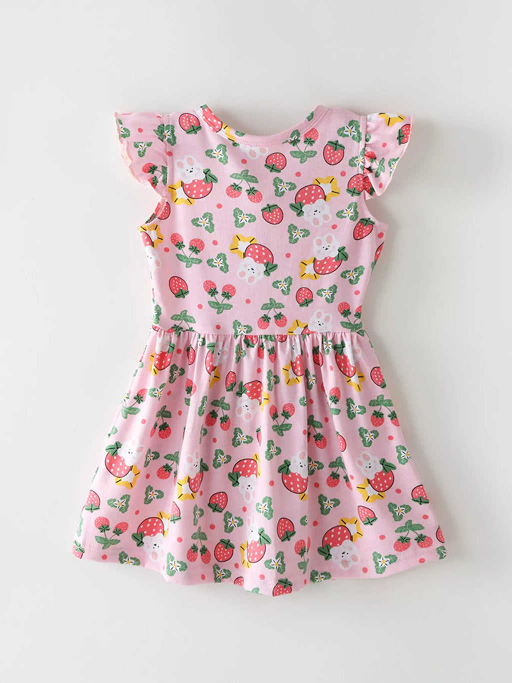 Strawberry Print Ruffle Sleeve Dress in Pink, product view 5