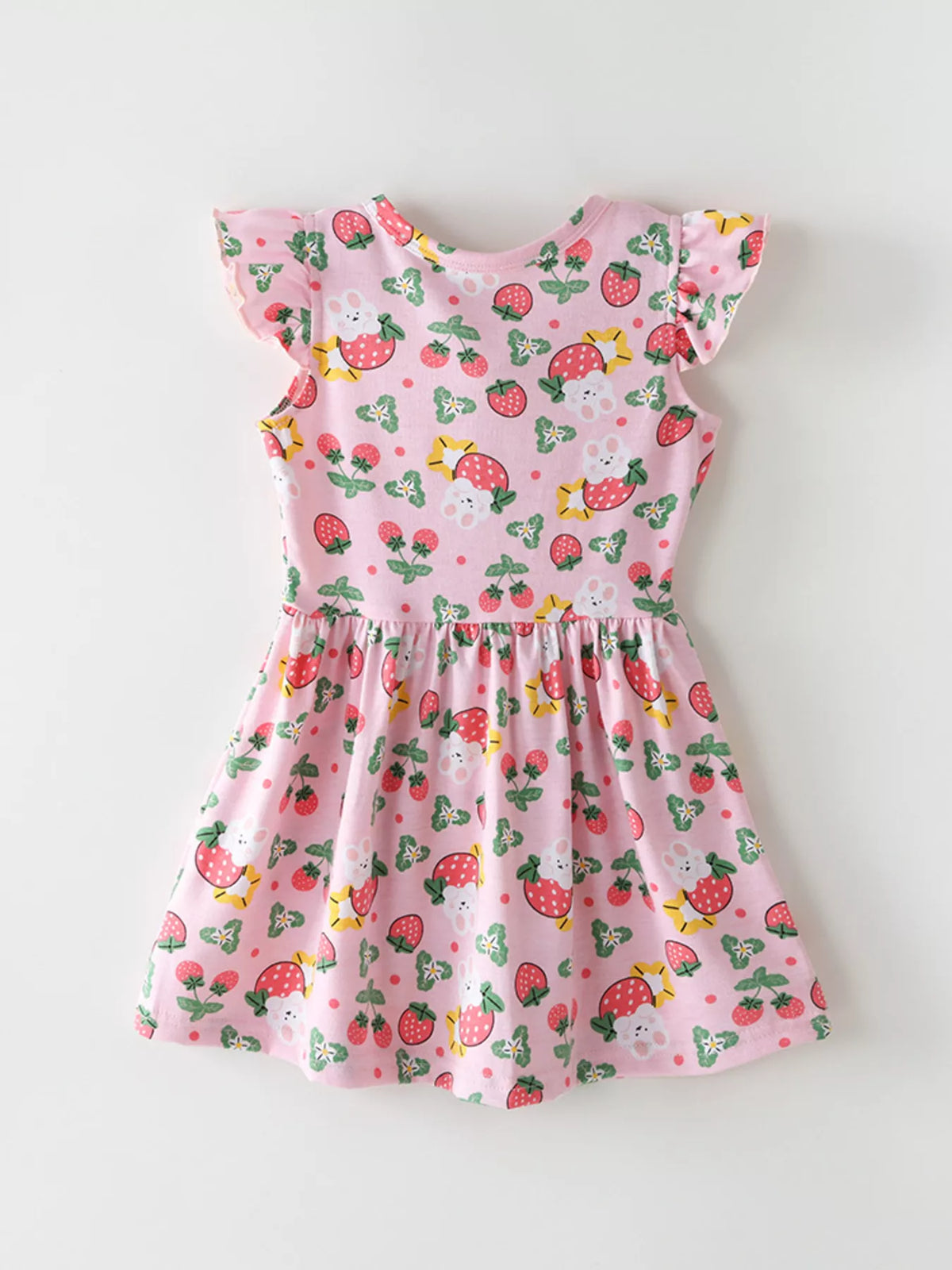 Strawberry Print Ruffle Sleeve Dress in Pink, product view 5