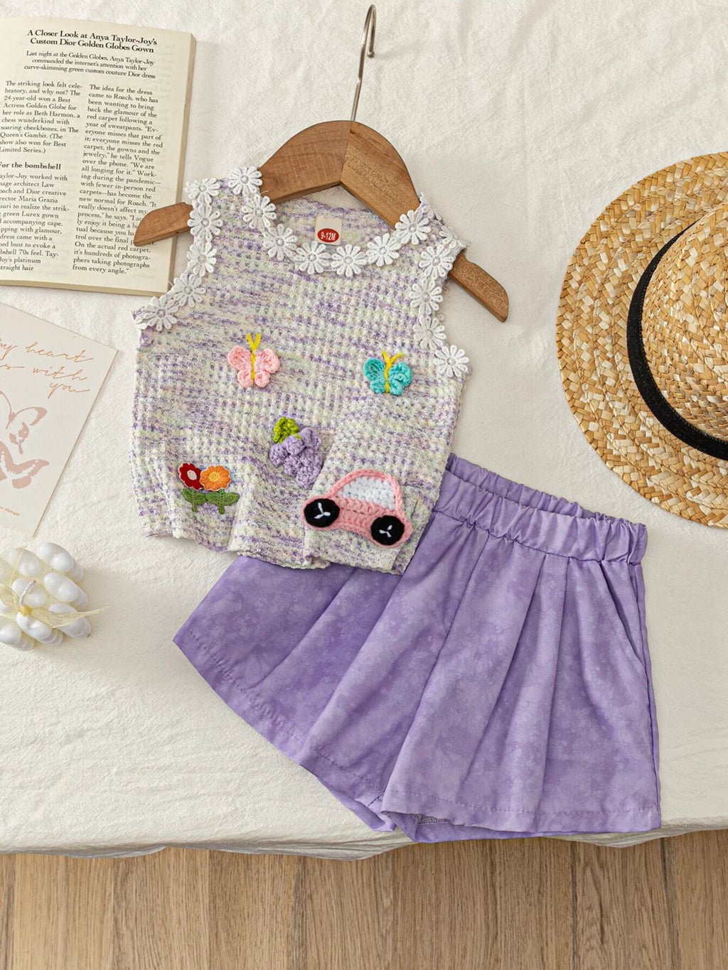 Flower Sleeveless Top and Shorts Set in Light Purple, product view 2