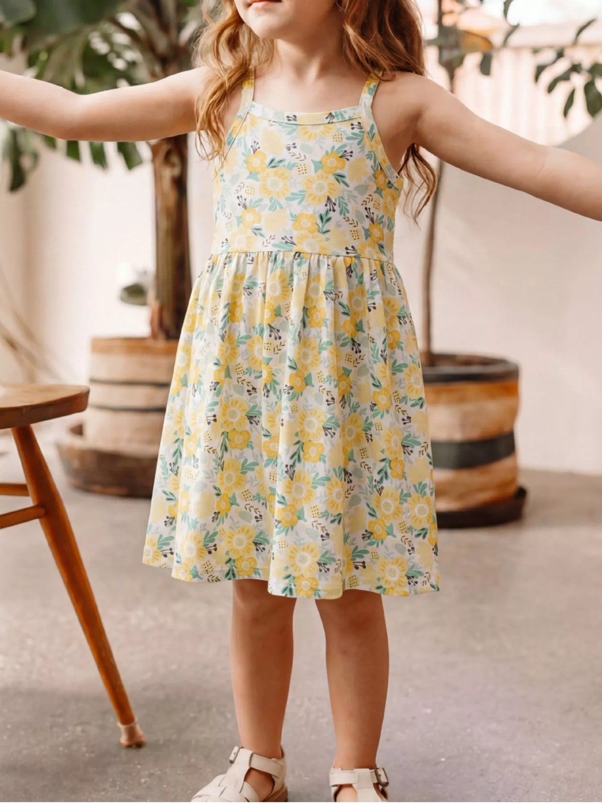 Floral Print Spaghetti Strap Dress in Light Yellow, product view 1