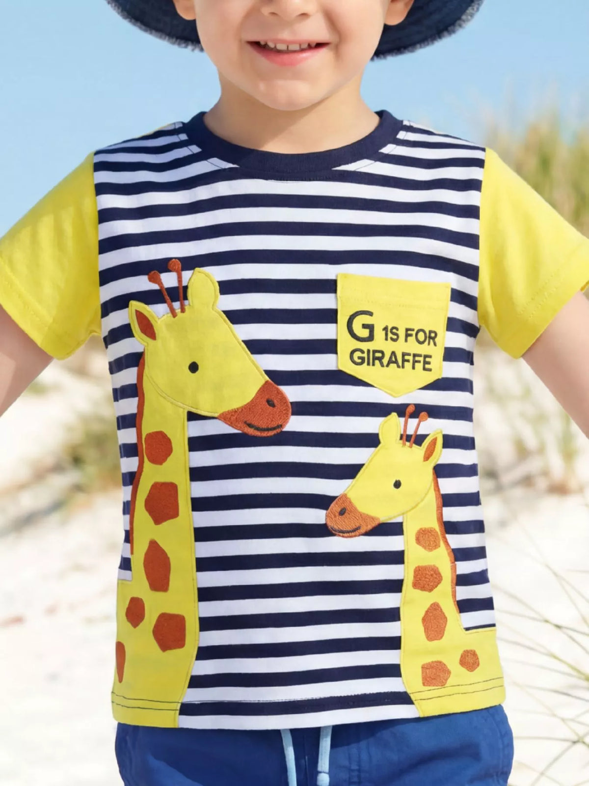 Giraffe Embroidered Striped T-Shirt in Yellow, product view 1