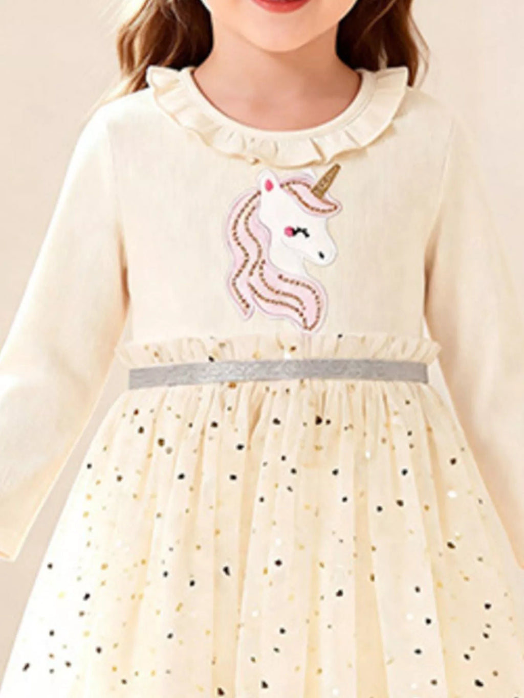 Unicorn Applique Ruffle Trim Tulle Dress in Cream, product view 3