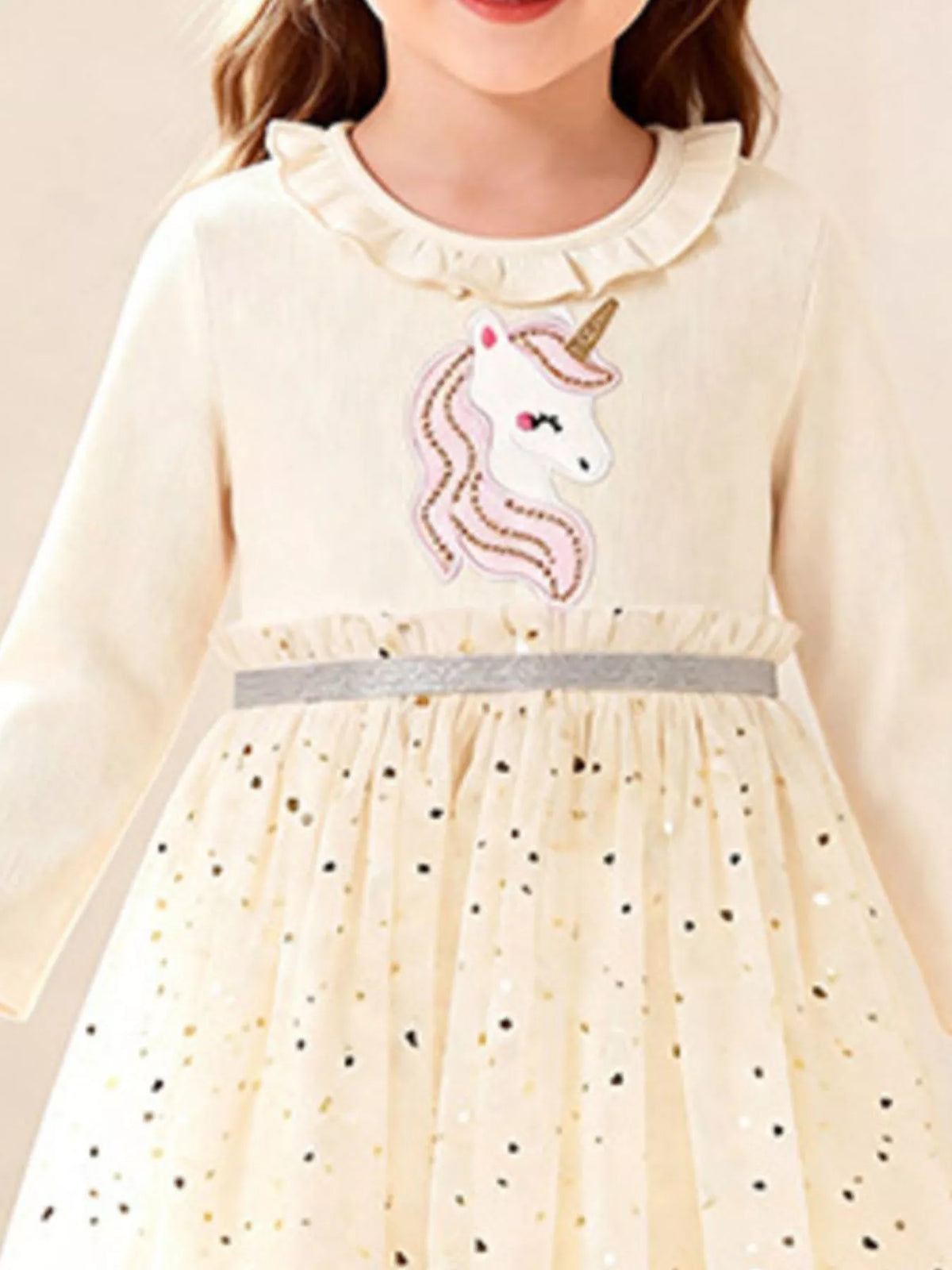 Unicorn Applique Ruffle Trim Tulle Dress in Cream, product view 3