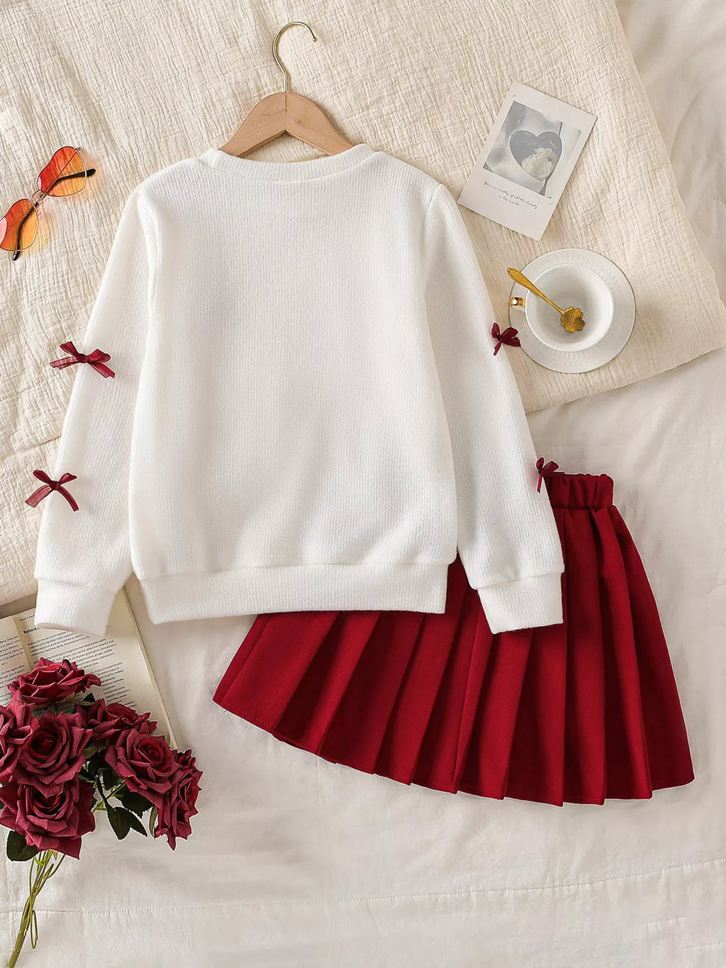 Bow Long Sleeve Top and Skirt Set in White, product view 7
