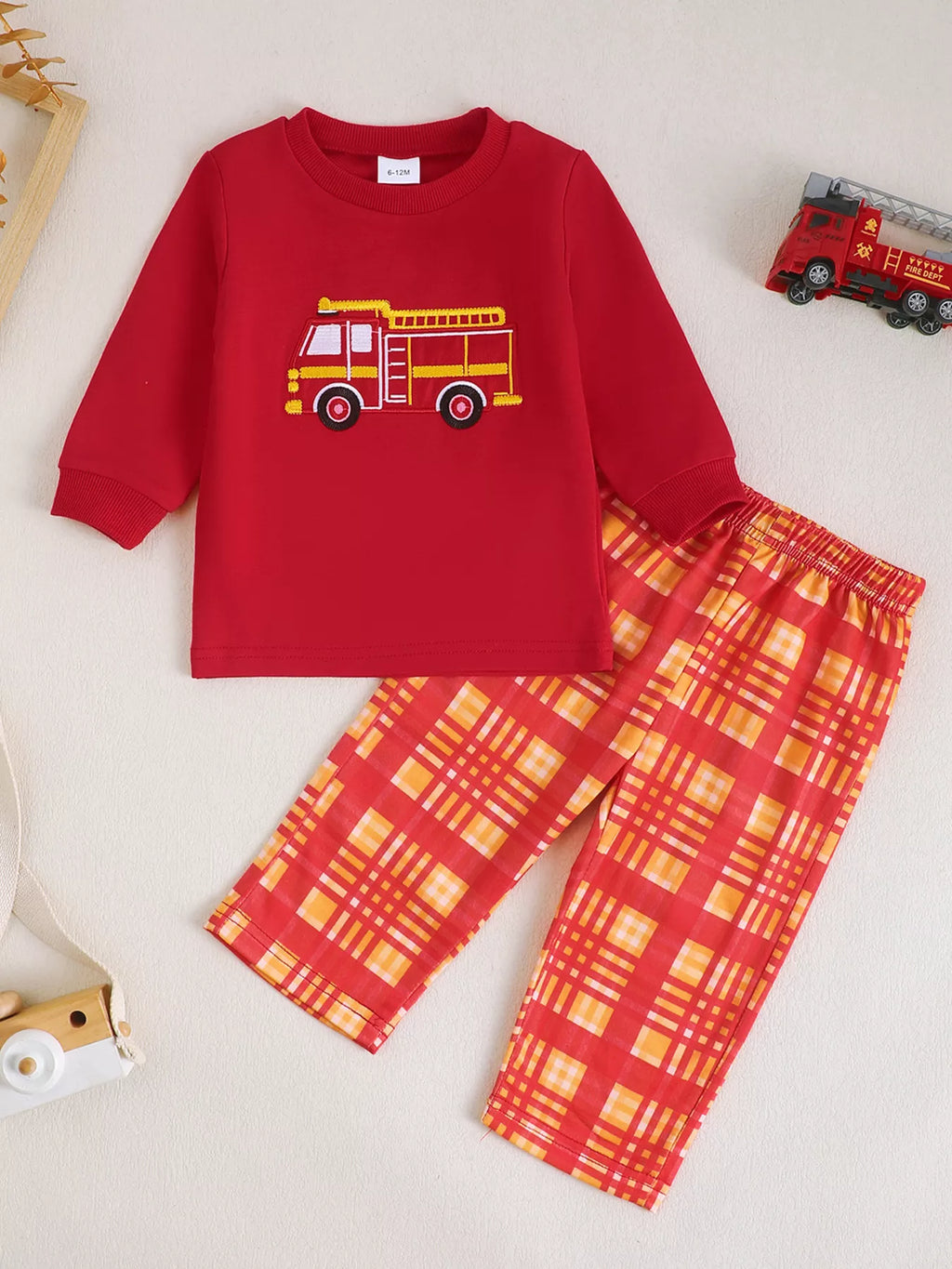 Fire Truck Embroidered Top and Pants Set in Red, product view 2