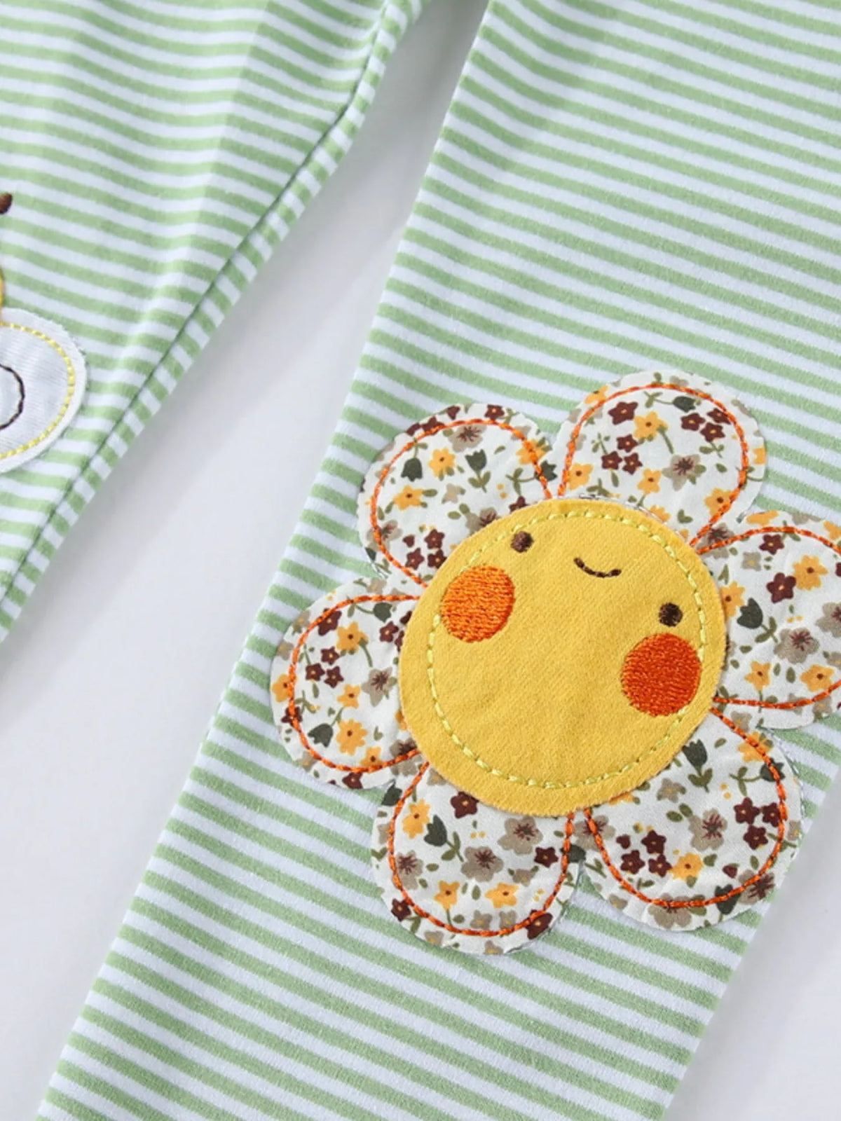 Striped Bee Flower Appliqued Leggings in Matcha Green, product view 3