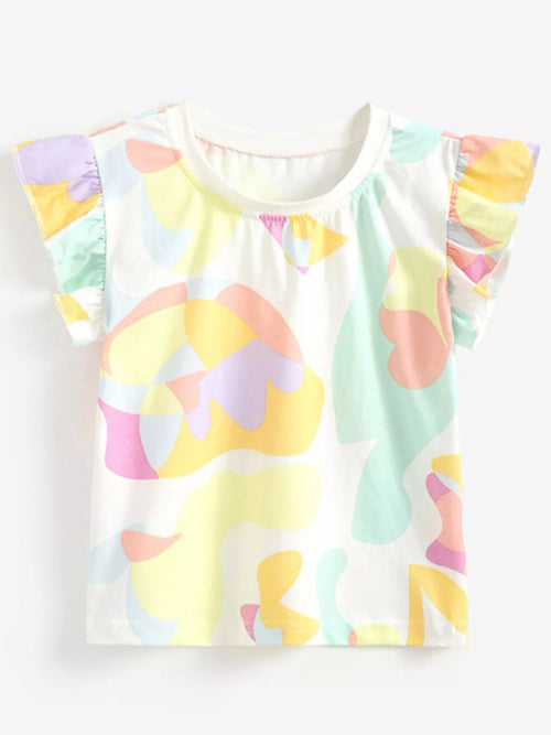 Abstract Print Ruffle Sleeve T-Shirt in Multicolor, product view 2